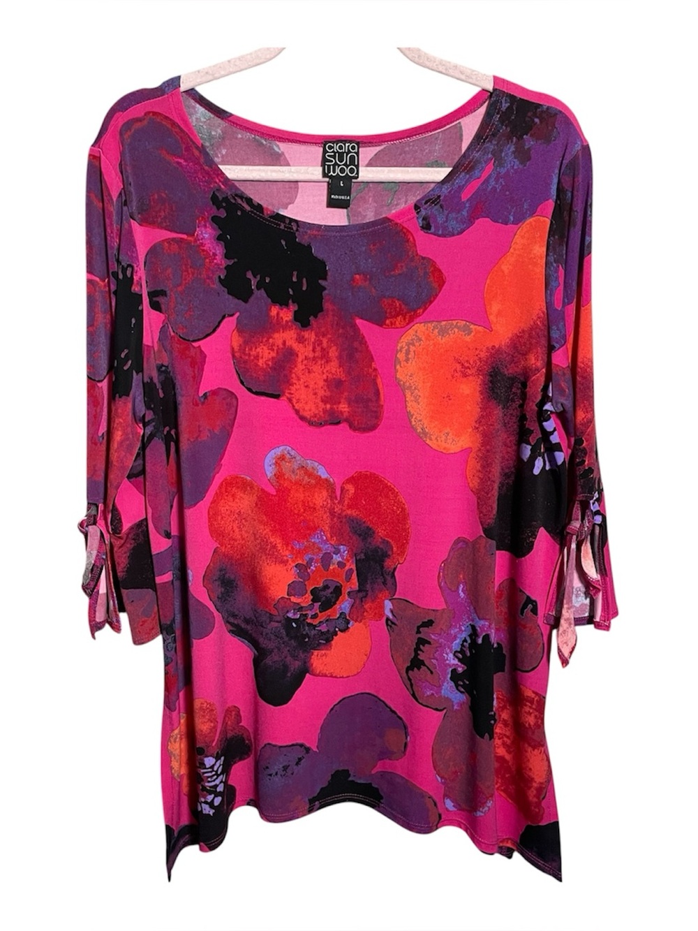 Clara Sun Woo Poppy Floral Pink Tunic Top with tie 3/4 sleeves